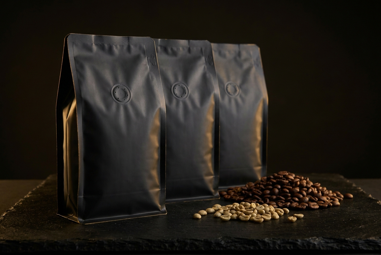 Three unbranded matte black coffee pouches with degassing valves beside roasted and green coffee beans